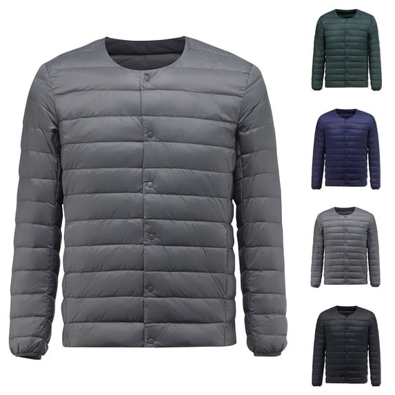 Hinvhai Men's Down Jacket Short Coat Warm Liner Round Neck Lightweight Button Mid-Layer Outerwear Navy 10(XL)