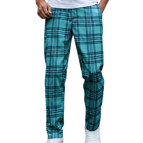 Hinvhai Men's Fashion Stretch Dress Pants Slim Fit Plaid Pants Business Suit Pants Casual Golf Pants Blue
