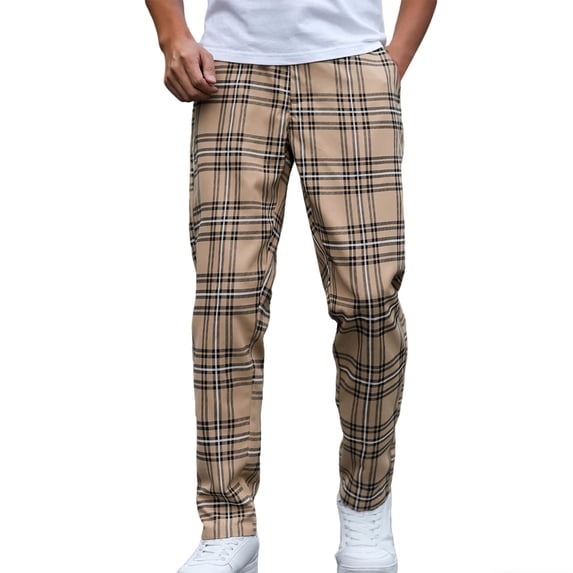 Hinvhai Men's Fashion Stretch Dress Pants Slim Fit Plaid Pants Business Suit Pants Casual Golf Pants Khaki