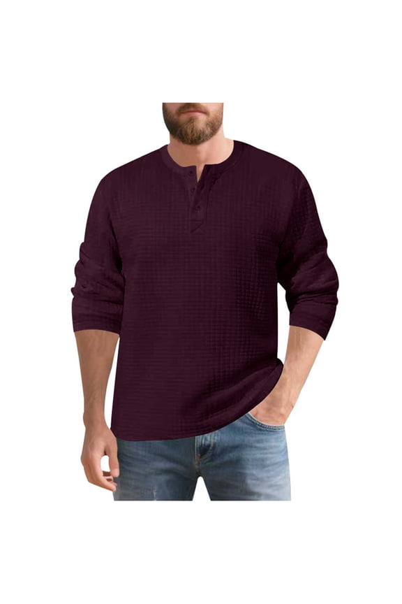 Men's Fashion Waffle Henry Shirt Long Sleeve Crewneck Textured Knit Pullover Sweater Loose Casual 1/4 Button Tops Wine XL(XL)