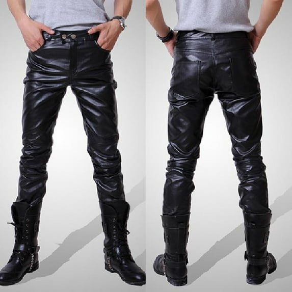 Hinvhai Men's Fashion Winter Moto Biker Leather Long Pants Black 31(XL)