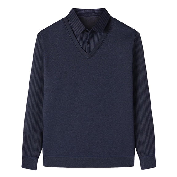 Hinvhai Men's Faux Two Piece Lapel Long-Sleeve Tops, Striped Lapel Fake 2-Piece Knitted Shirt, Fake Two Piece Shirt Navy L(L)