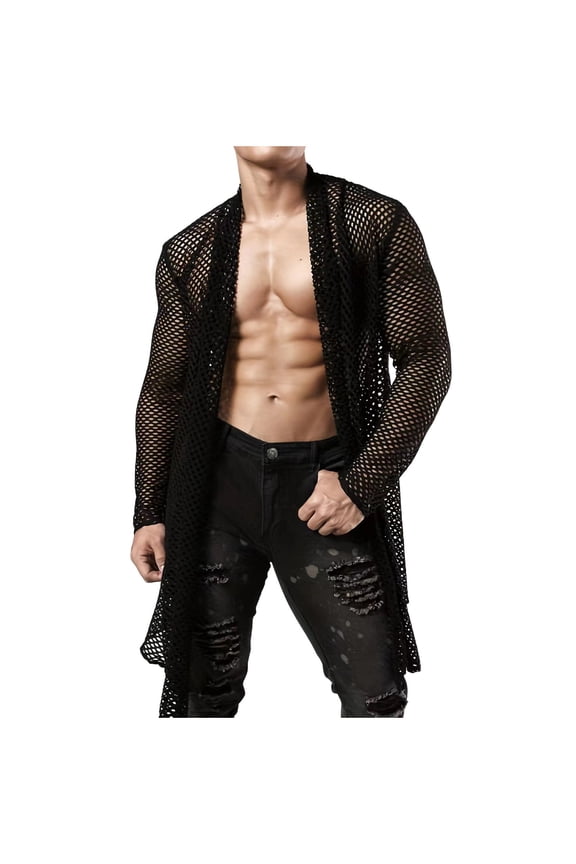 Men's Fishnet Sheer Cardigan T-Shirt Ruffle Shawl Collar Long Sleeves High Low Hem Drape Shawl Tops Black 10(XL)