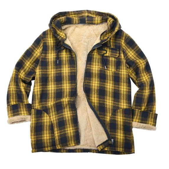 Hinvhai Men's Flannel Hooded Jacket Fleece Sherpa Lined Plaid Shirts Jackets Zip Up Sweatshirt Hoodies for Men with 4 Pockets Yellow 12(XXL)