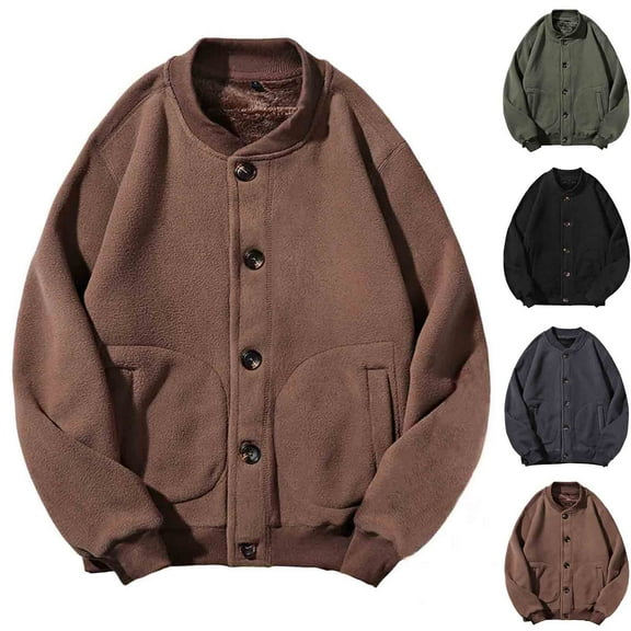 Hinvhai Men's Fleece Lined Button Down Jacket Thickened Single Breasted Solid Color Coat Inner Plush Baseball Coats Dark Gray XL(XL)