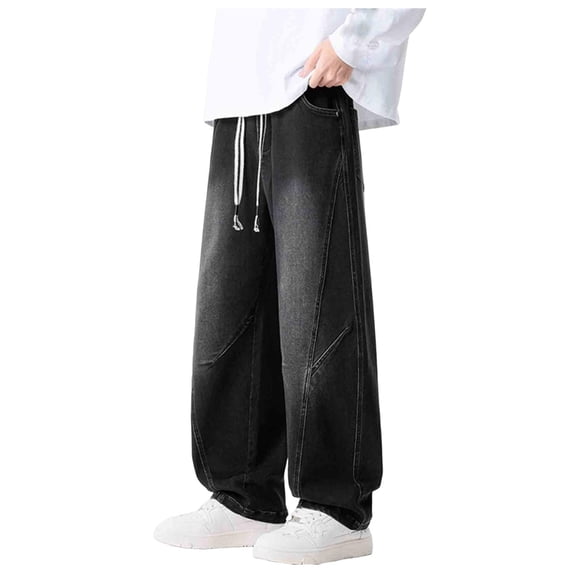 Hinvhai Men's Fleece Lined Straight Wide Leg Jeans Stylish Casual Outdoor Workout Denim Pants with Pockets Black M(M)