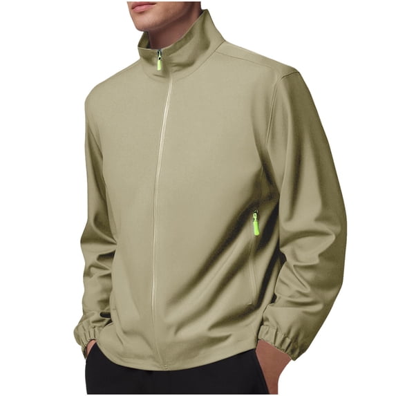 Hinvhai Men's Fleece Lined Track Athletic Jackets Lightweight Full Zip Collar Casual Coats for Running with Pockets Khaki XXL(XXL)