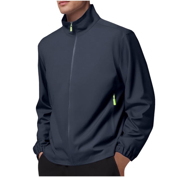 Hinvhai Men's Fleece Lined Track Athletic Jackets Lightweight Full Zip Collar Casual Coats for Running with Pockets Navy XXXXL(XXXXL)