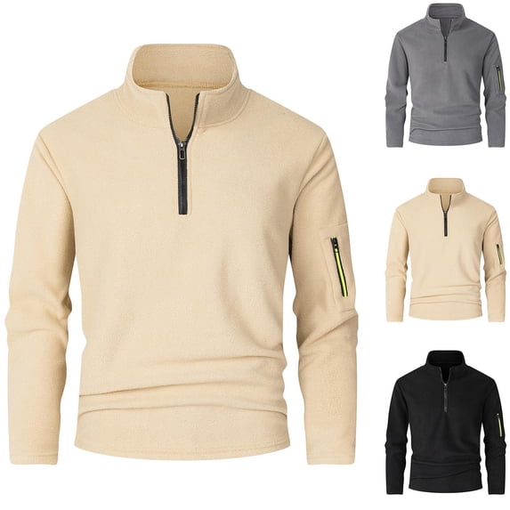 Hinvhai Men's Fleece Pullover Sweater Lightweight Quarter Zip Long Sleeve Sweatshirt Casual Sweaters Zipper Pockets Khaki XL(XL)