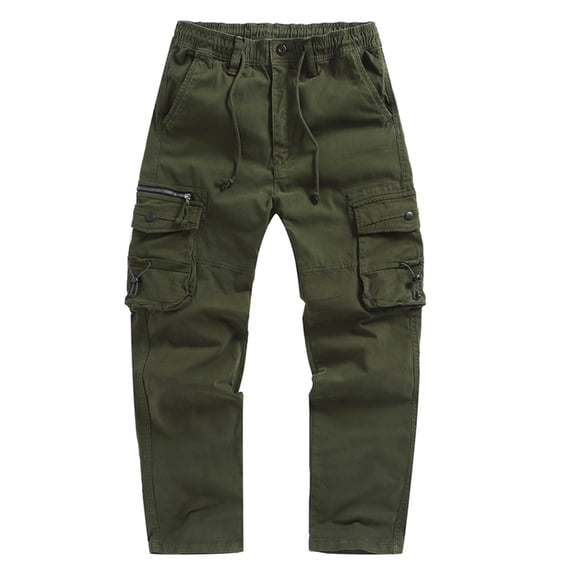 Hinvhai Men's Full Elastic Waist Loose Fit Lightweight Outdoor Workwear Pull On Cargo Pants with Multi Pockets Army Green
