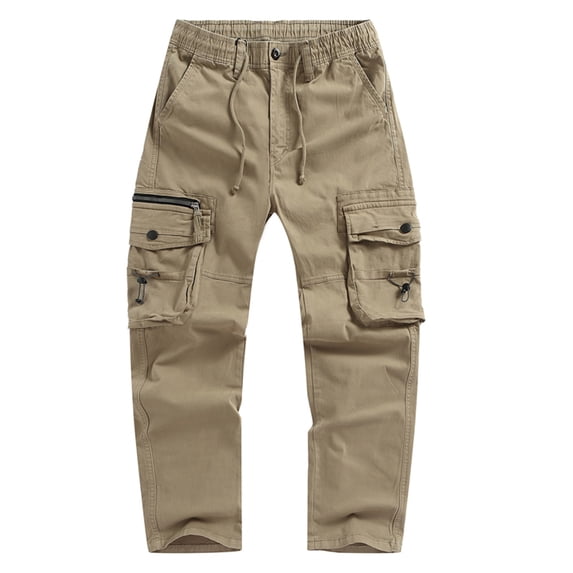 Hinvhai Men's Full Elastic Waist Loose Fit Lightweight Outdoor Workwear Pull On Cargo Pants with Multi Pockets Khaki