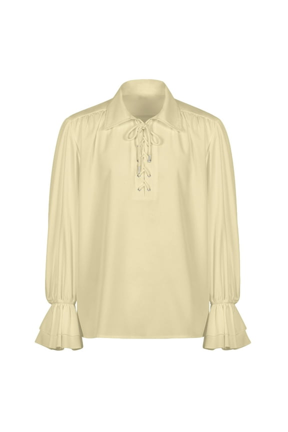 Men’s Gothic Victorian Ruffled Shirt – High Collar, Long Sleeves, Steampunk Pirate Blouse with Bow Tie Beige XXL(XXL)