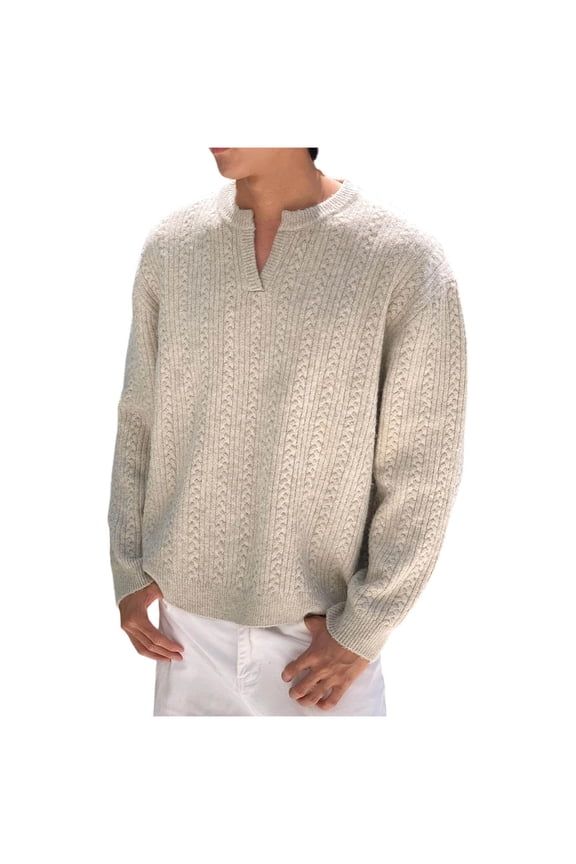Men's Henley Knit Sweater Long Sleeve Mid-Weight Soft Pullover Shirt with Chest Pocket Beige M(M)