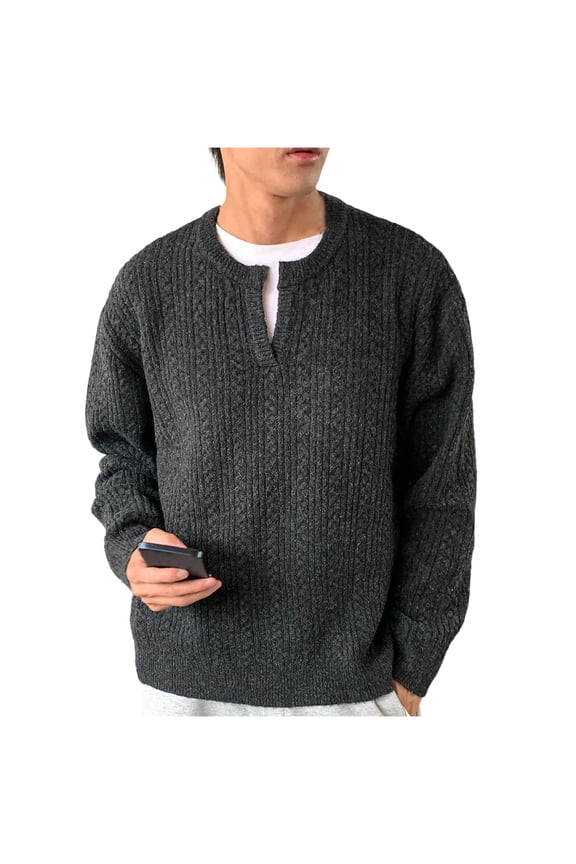 Men's Henley Knit Sweater Long Sleeve Mid-Weight Soft Pullover Shirt with Chest Pocket Black M(M)