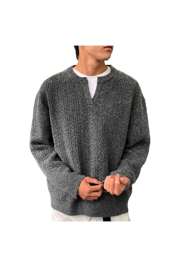 Men's Henley Knit Sweater Long Sleeve Mid-Weight Soft Pullover Shirt with Chest Pocket Dark Gray M(M)