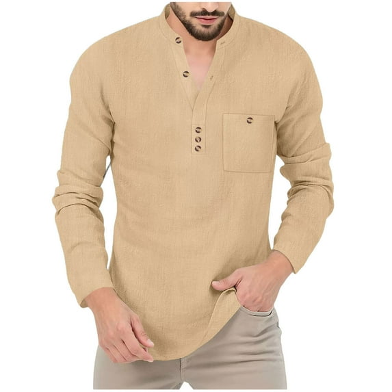 Hinvhai Men's Henley Shirts Long Sleeve Button T-Shirt Lightweight Fashion Casual Pullover Shirt Khaki XXXL(XXXL)