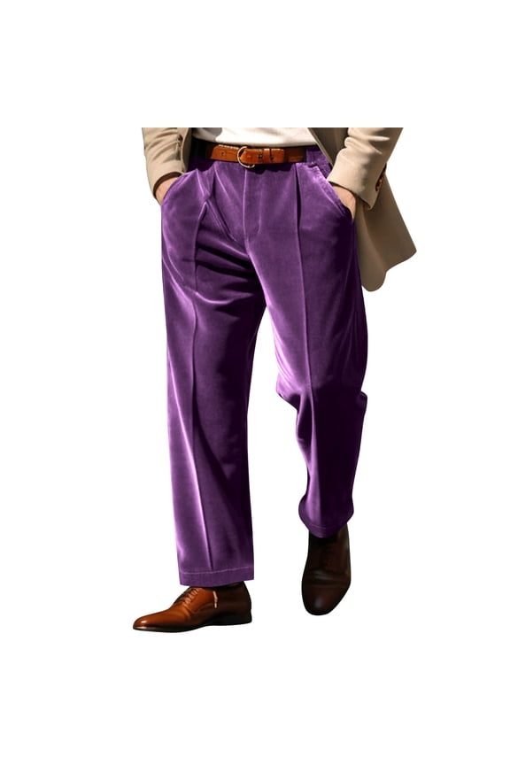 Men’s Hidden Expandable Waistband Business Classic Fit Velour Pleated Front Velvet Dress Pant with Pocket Purple