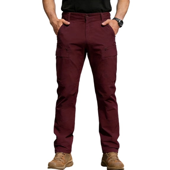 Hinvhai Men's Hiking Tactical Pants Lightweight Cotton Outdoor Work Cargo Trousers with Zipper Pockets Wine