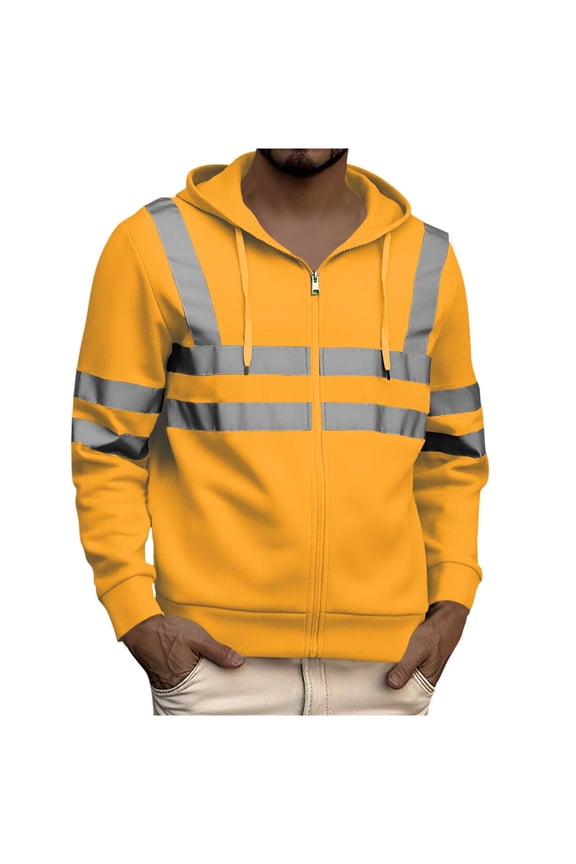 Men's Hood Reflective Visibility Jackets Color Block Night Runs Safety Hoodie Jackets Full Zip Long Sleeve Coats Yellow M(M)
