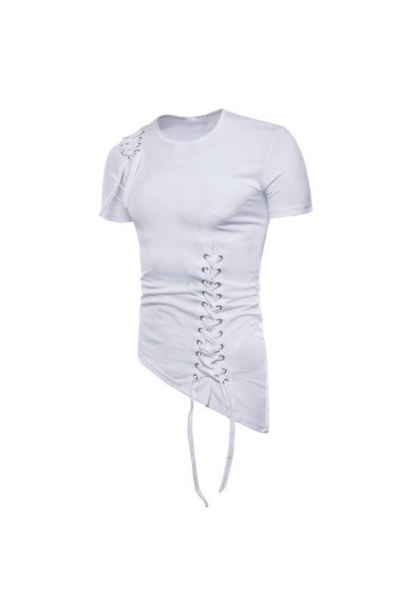 Men’s Irregular Design Summer T-Shirt Braided Rope Short Sleeve Blouse Slim Fit Tee Shirt White XXL