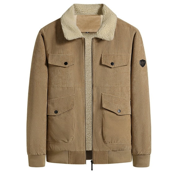 Hinvhai Men's Lapel Collar Fleece Sherpa Lined Corduroy Vintage Button Jacket Coats Coffee 8(L)