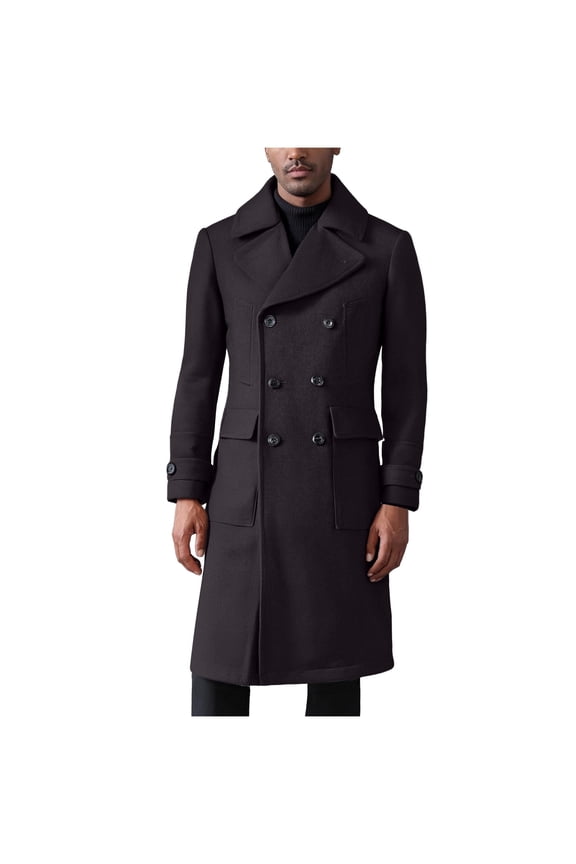 Men's Lapel Neck Long Sleeve Outerwear Top Coat Back Split Double Breasted Wool Blend Trench Jacket Outfit Black M(M)