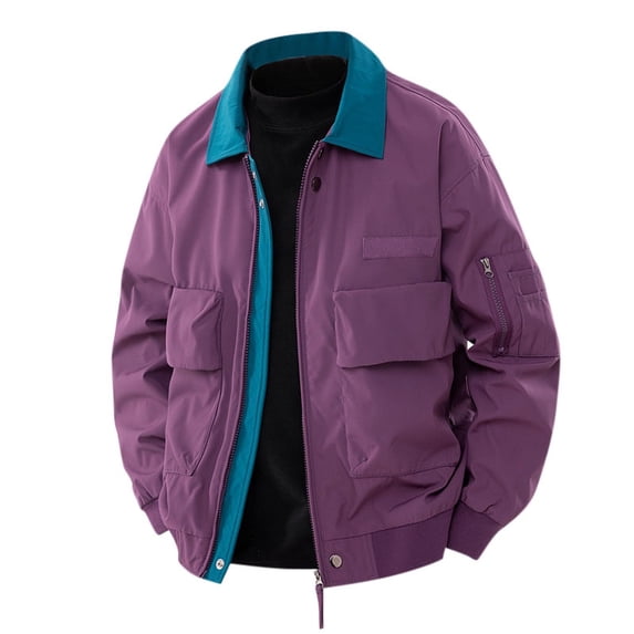 Hinvhai Men's Lightweight Jackets Full Zip Casual Barn Jacket Cotton Workwear Coat Fall Outwear with Pockets Purple M(M)