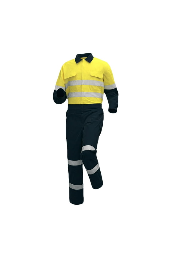Men's Lightweight Work Coveralls One Piece Cotton Reflective Safety Mechanics Jumpsuits Workwear Yellow S(S)