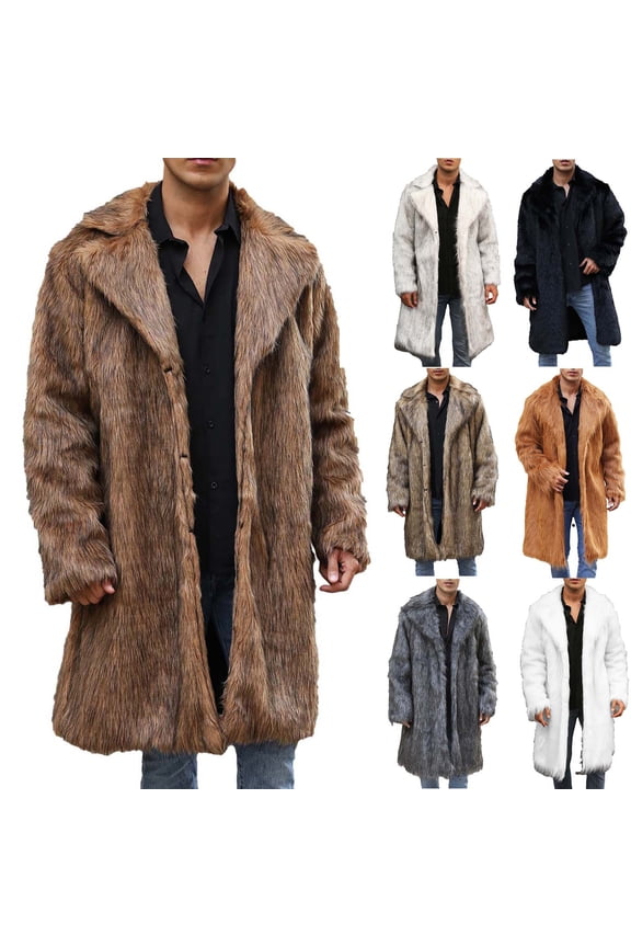Men's Long Faux Fur Coat Single Breasted Warm Winter Trench Coat Fluffy Thick Overcoat White 10(XL)