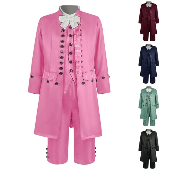 Hinvhai Men's Medieval Costume Role Playing Halloween Stage Costume Medium length Retro Set Long Sleeve Stand Collar Top/Shirt Set 1PC Coat+1PC Vest+1PC Shirt+1PC Pants+1PC Tie Red XS(XS)