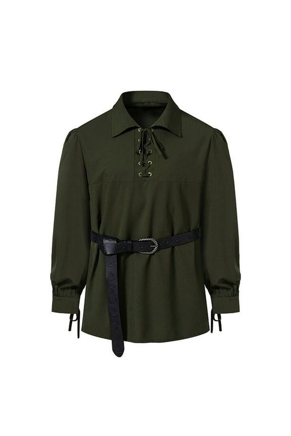 Men's Medieval Pirate Shirts Lace Up Stand Collar Wide Cuff Halloween Costume Shirt Tops Army Green 8(L)