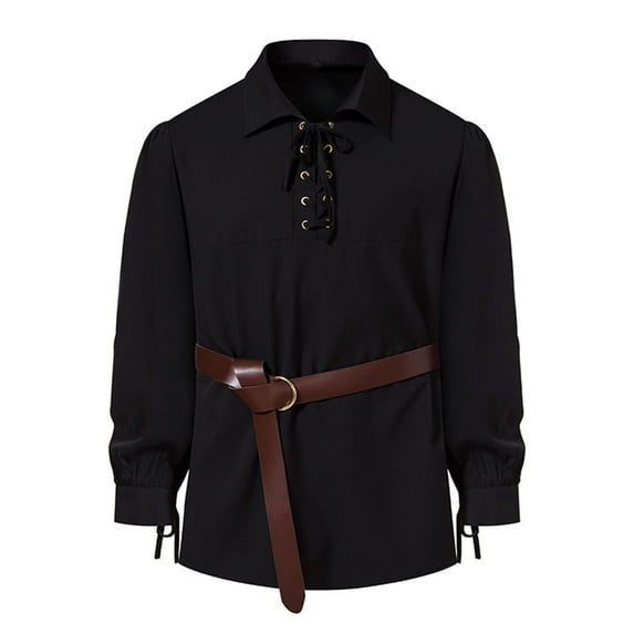 Hinvhai Men's Medieval Pirate Shirts Lace Up Stand Collar Wide Cuff Halloween Costume Shirt Tops Black 12(XXL)