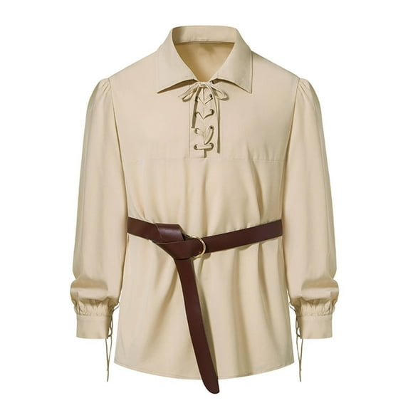 Hinvhai Men's Medieval Pirate Shirts Lace Up Stand Collar Wide Cuff Halloween Costume Shirt Tops Khaki 10(XL)
