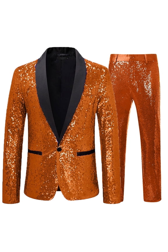 Men's Metallic Shiny Suits Disco Sequin Blazer and Pants 2 Piece Sets for Party Prom Orange XXL(XXL)