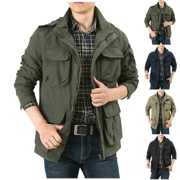 Hinvhai Men's Military Tactical Cargo Jacket Casual Washed Cotton Military Jacket, Windbreaker Multi Pockets Khaki 10(XL)