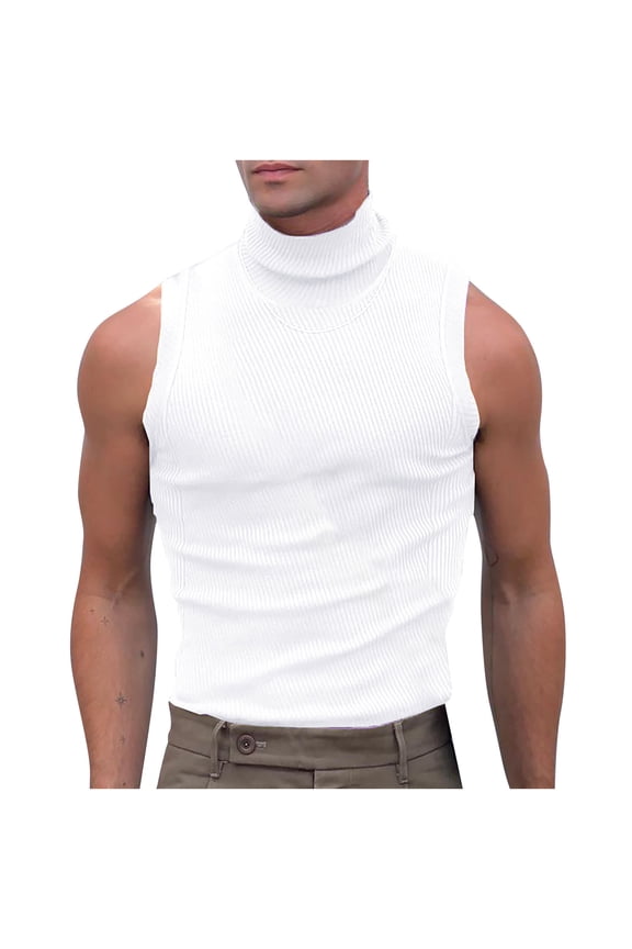 Men's Mock Turtleneck Tank Tops Ribbed Knit Slim Fit Sleeveless Vest Sport Fitness Quick Dry Workout Shirt Pullover White 2(S)