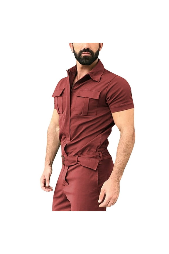 Men's Overalls Work Utility Coveralls Short Sleeve Coverall，Button Front Work Jumpsuit Uniform Wine 8(L)