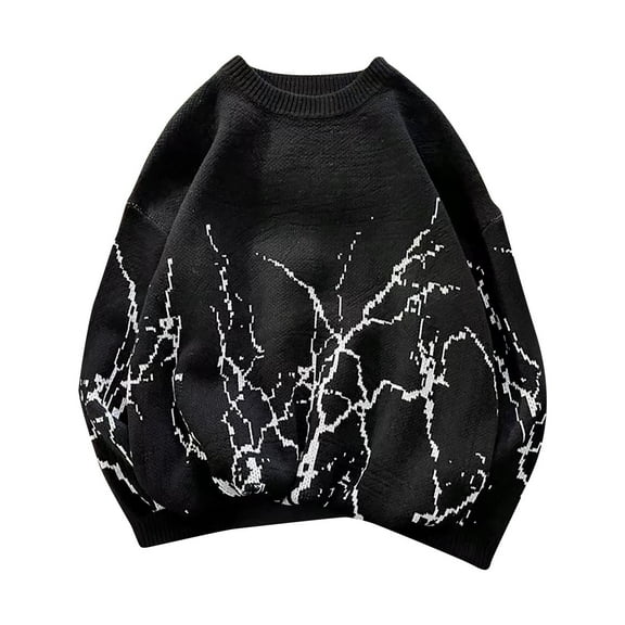 Hinvhai Men's Oversized Sweater Y2K Aesthetic Flame Graphic Crewneck Knit Pullover Unisex Casual Sweaters Black 4(M)