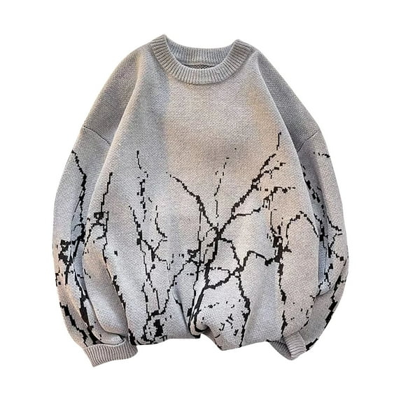 Hinvhai Men's Oversized Sweater Y2K Aesthetic Flame Graphic Crewneck Knit Pullover Unisex Casual Sweaters Gray 10(XXL)