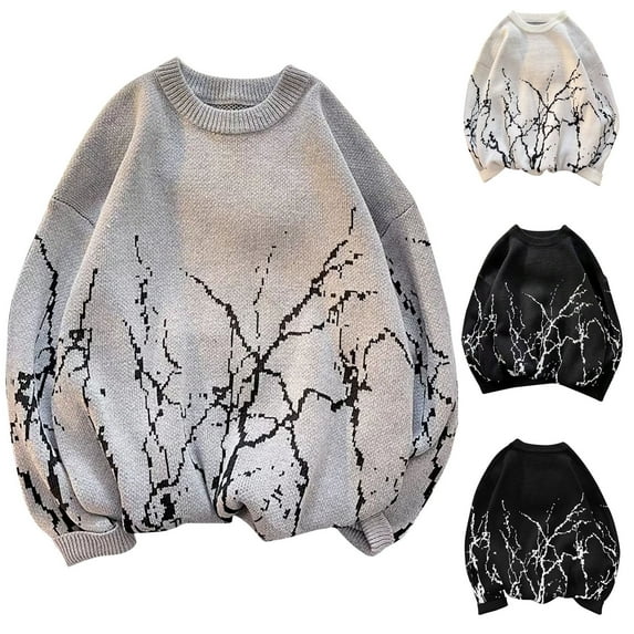 Hinvhai Men's Oversized Sweater Y2K Aesthetic Flame Graphic Crewneck Knit Pullover Unisex Casual Sweaters White 8(XL)