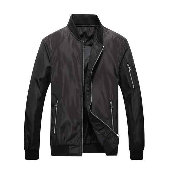 Hinvhai Men's Plus Size Solid Color Varsity Jacket Casual Stand Up Collar Full Zipper Baseball Jacket Black 4(M)