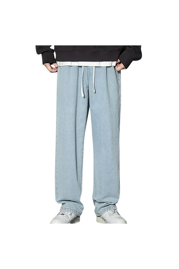 Men's Regular Fit Straight Leg Jeans Casual Drawstring Elastic Waist Denim Pants Lightweight Carpenter Jean Light Blue 6(M)