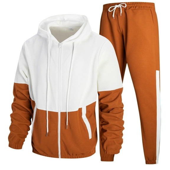 Hinvhai Men's Retro Windbreaker Tracksuits Set Long Sleeve Hooded Zipper Running Sports Sweatsuit Color Block 2 Piece Outfits Orange XL(XL)