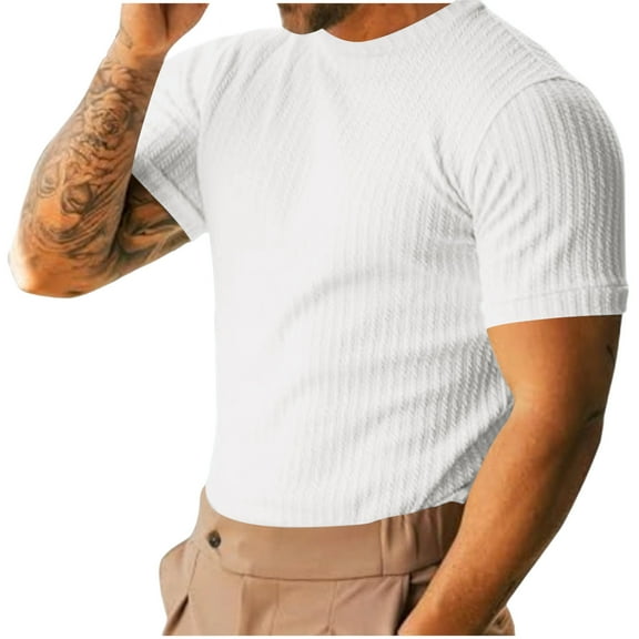 Hinvhai Men's Ribbed Knit T-Shirts Short Sleeve Casual Crewneck Slim Fit Textured Pullover Tees White M(M)