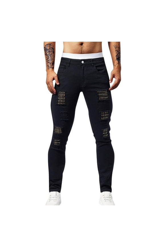 Men's Ripped Patch Elastic Jeans Fashion Slim Fit Regular Denim Pants Black 32(32)