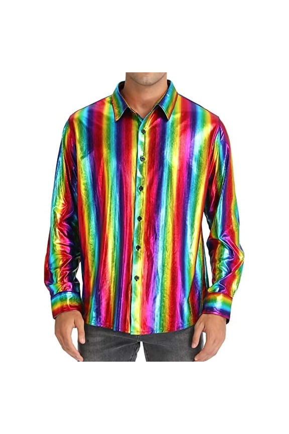 Men's Sequin 70s 80s Disco Shirt - Retro Long Sleeve Button Up Costume Halloween New Year Party Outfit Top & Clubwear Multicolor XL(XL)