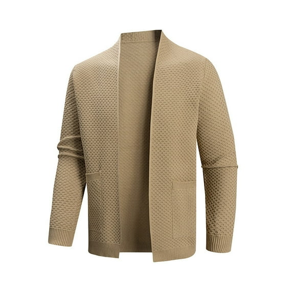 Hinvhai Men's Shawl Collar Open Front Long Cardigan Ribbed Knit Sweater with Pockets Khaki XXXL(XXXL)