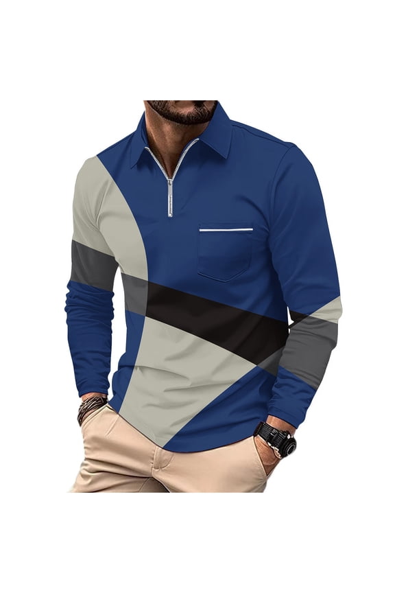 Men's Shirts Long Sleeve Casual Gradient Printed Zipper Polo Shirt Classic Business Work Lapel Top with Pocket Blue 10(XL)
