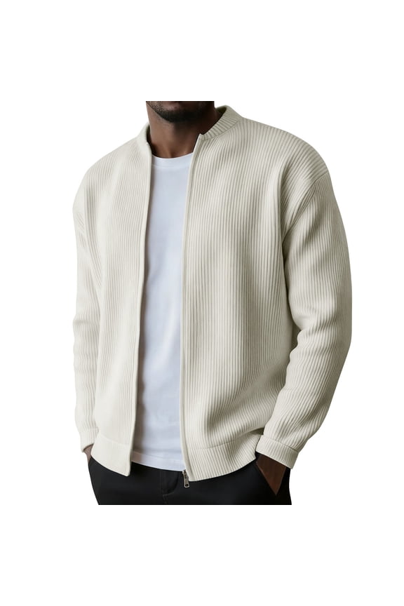 Men's Simple Casual Ribbed Stand Collar Zipper Long Sleeved Jacket,Solid Color Jackets Versatile Everyday Wear Beige L(L)