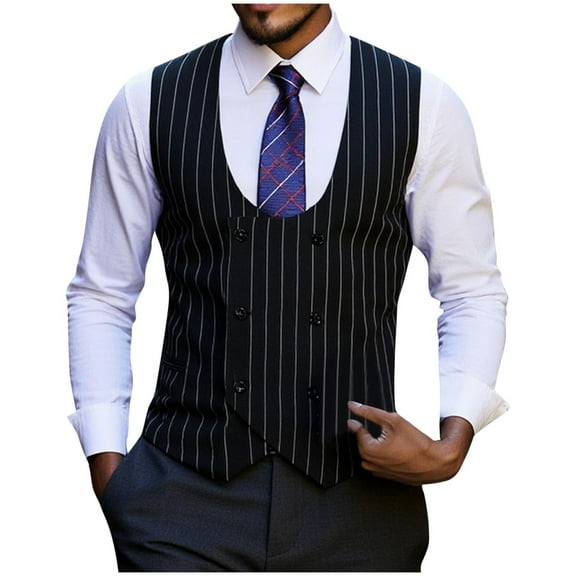 Hinvhai Men's Slim Fit Waistcoat U Neck Double Breasted Suit Vest Black XL(XL)